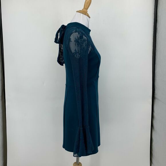 Free People It's Now or Never Mini Dress Women Size S Teal Bell Sleeves Fish Net - Picture 3 of 13